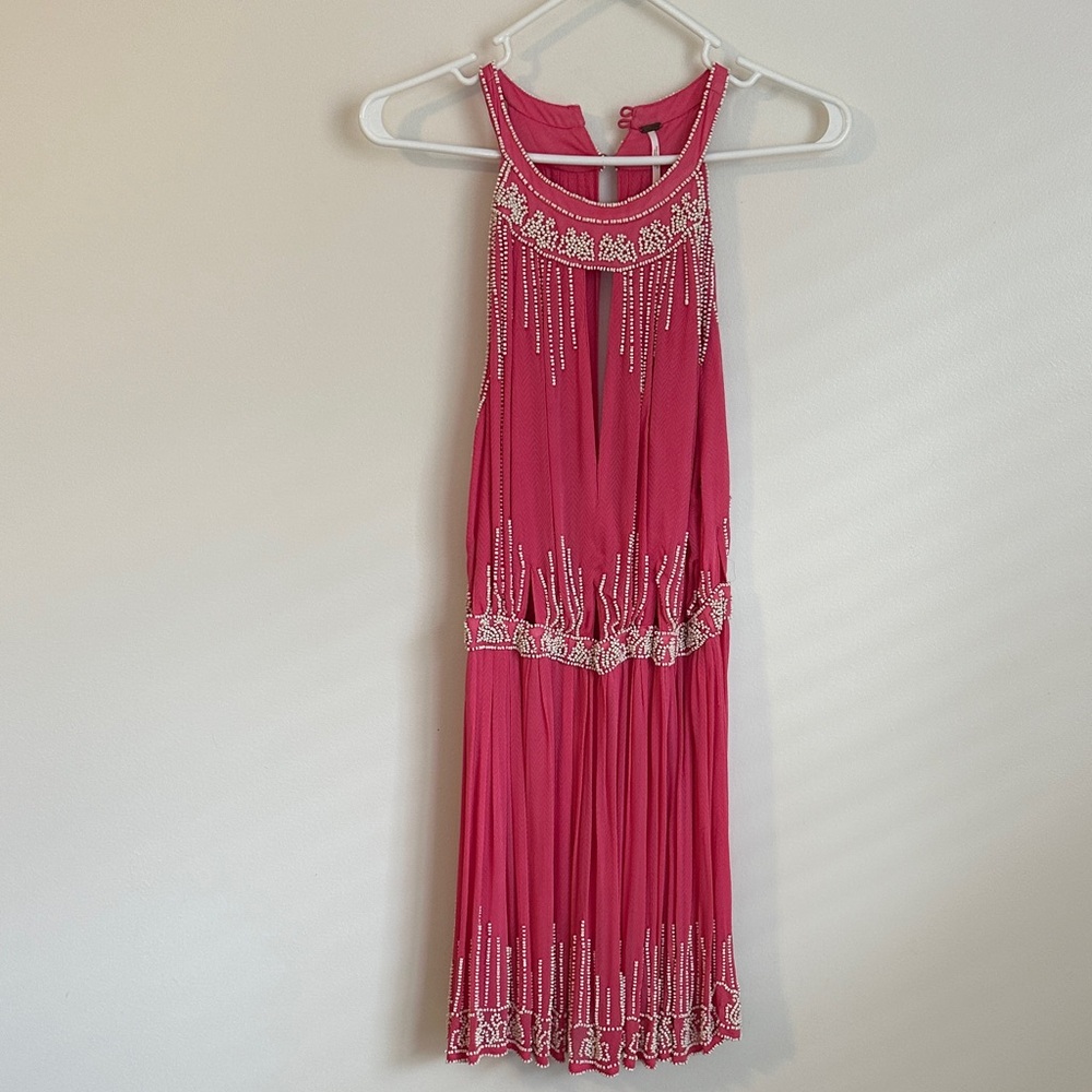 Free People Pink and Cream Beaded Halter Dress with Cutout - Picture 3 of 8